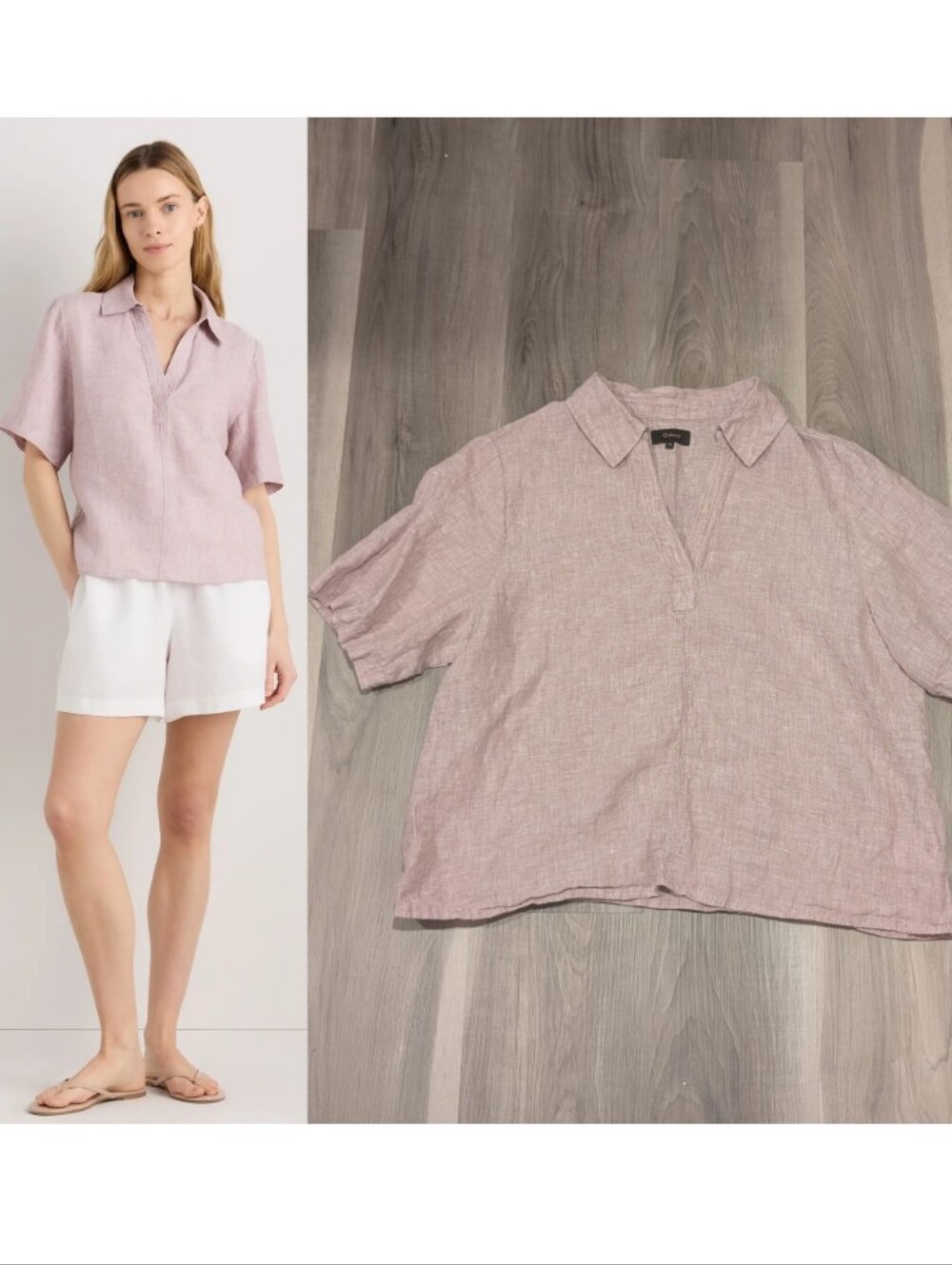 Quince | 100% European Linen Short Sleeve Popover Top In Vintage Pink Chambray